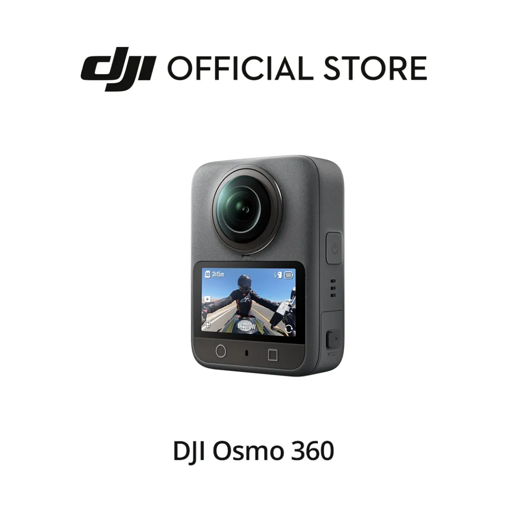 กล้อง 360 องศา dji osmo 360 มุมเฉียงด้านหน้าขวา แสดงหน้าจอ live view ขณะใช้งานจริง