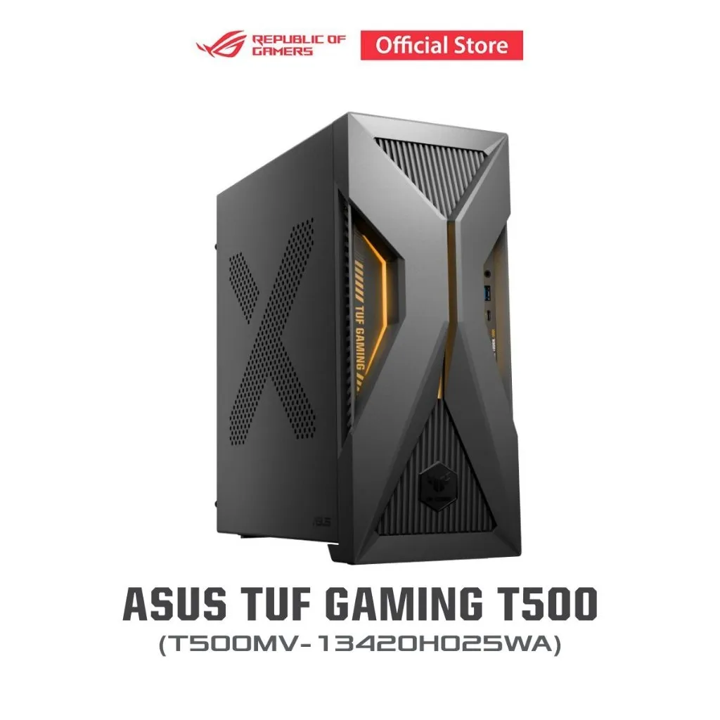 คอมพิวเตอร์ตั้งโต๊ะ ASUS TUF T500 มุมเฉียงขวา แสดงดีไซน์ตัวเครื่องและไฟสีส้มด้านหน้า