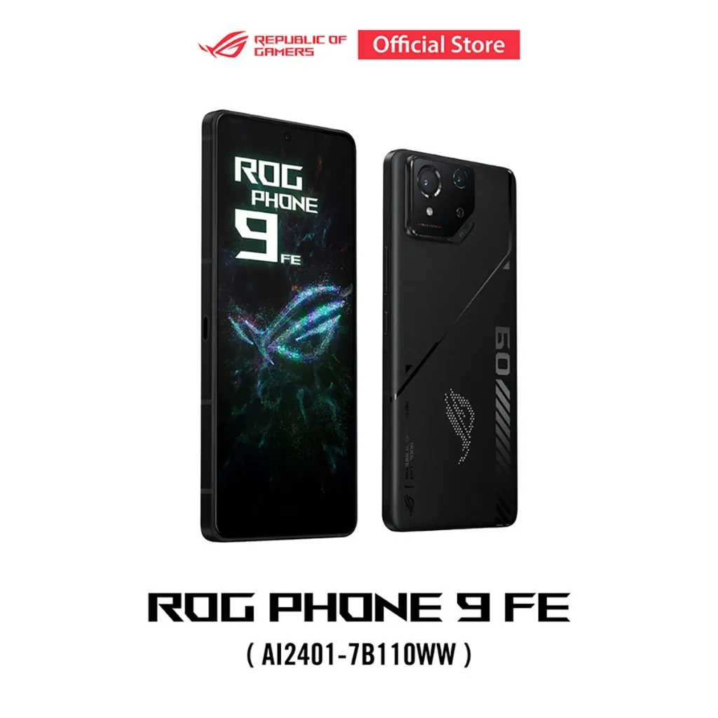 มือถือเกมมิ่ง ASUS ROG Phone 9 FE มุมหน้าและหลัง รุ่น AI2401-7B110WW พร้อมโลโก้ ROG บนฝาหลัง