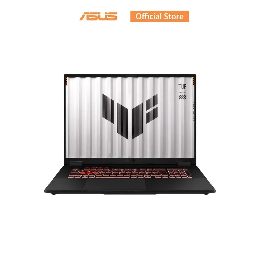 มุมตรงของ ASUS TUF Gaming A18 แสดงจอ 16:10 ขอบบาง พร้อมคีย์บอร์ดไฟแดงใต้จอ