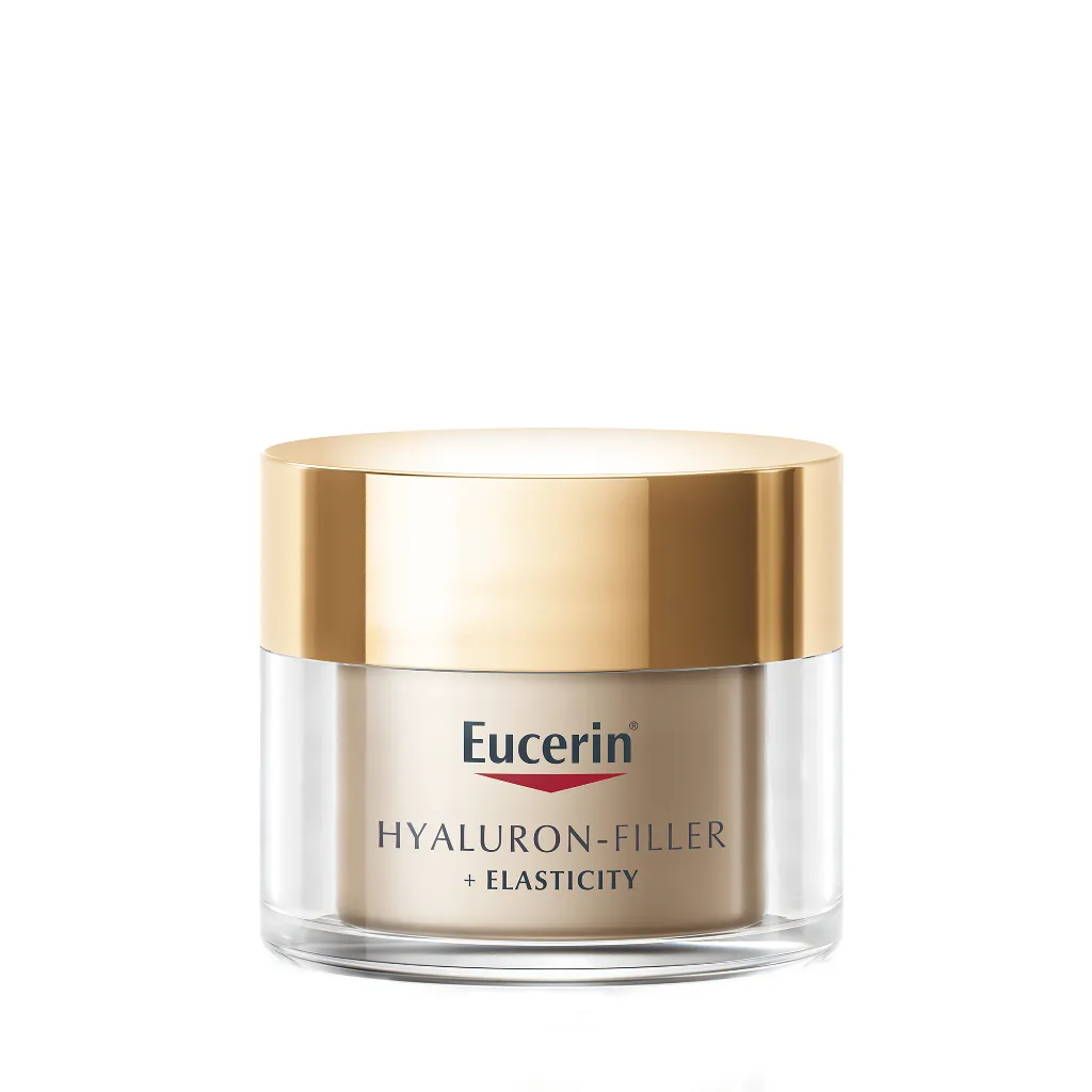 กระปุกทองฝาเงาบนพื้นขาวของ Eucerin Hyaluron Filler Night Cream มองเห็นโลโก้ชัดเจน