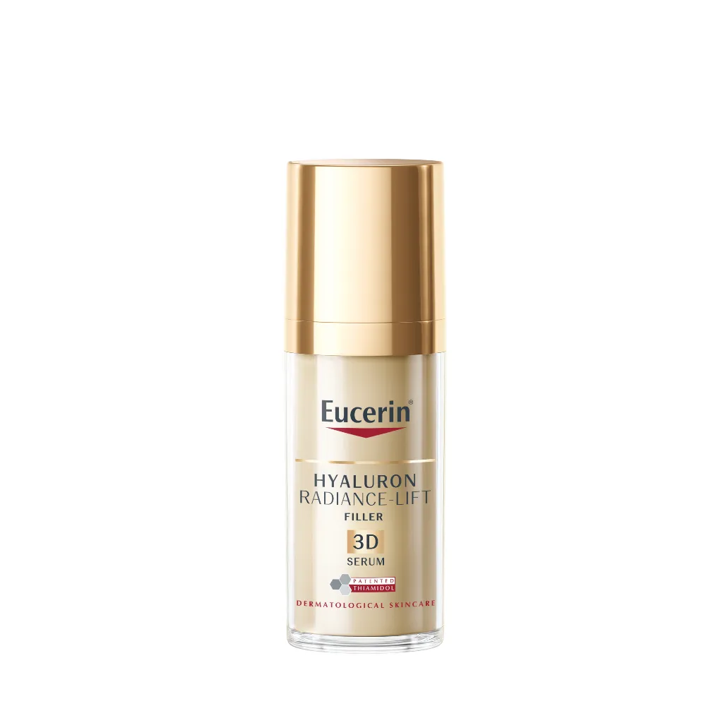 ขวด Eucerin Hyaluron Radiance Lift Serum เดี่ยวบนพื้นขาว ฝาทอง โทนเรียบหรู
