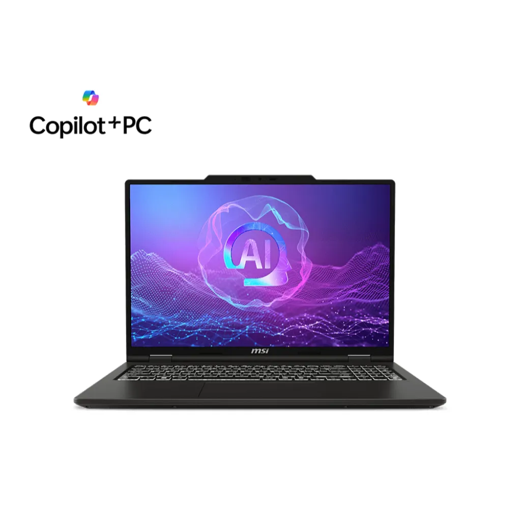 MSI Venture A16 AI+ มุมตรงด้านหน้า จอโลโก้ AI ขอบบาง
