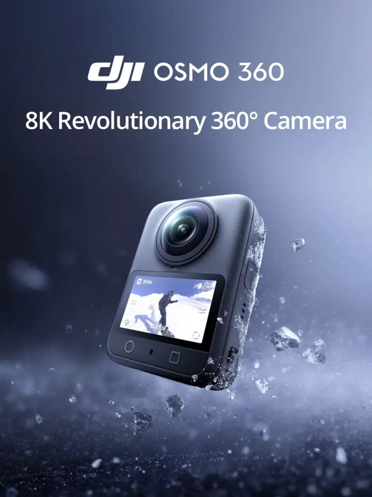 กล้อง 360 องศา dji osmo 360 ลอยกลางอากาศ พร้อมคำโปรโมต 8K และฉากน้ำแข็งกระจาย
