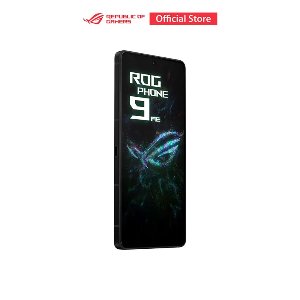 มือถือเกมมิ่ง ASUS ROG Phone 9 FE มุมเอียงซ้าย โชว์หน้าจอพร้อมโลโก้