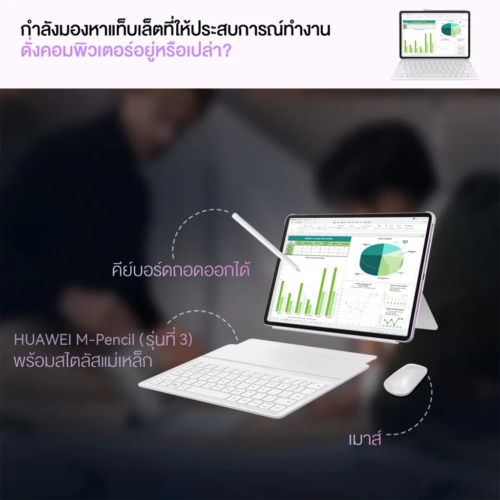แท็บเล็ตพร้อมคีย์บอร์ดถอดได้ ปากกาแม่เหล็ก และเมาส์ แสดงกราฟในสเปรดชีต