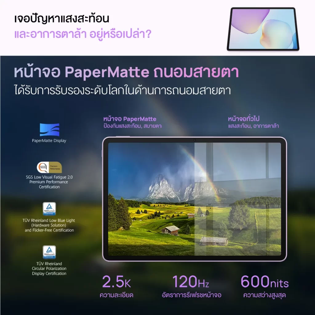 HUAWEI MatePad 11.5 2025 โชว์จอ PaperMatte ลดแสงสะท้อน เทียบจอทั่วไป 2.5K 120Hz 600nits