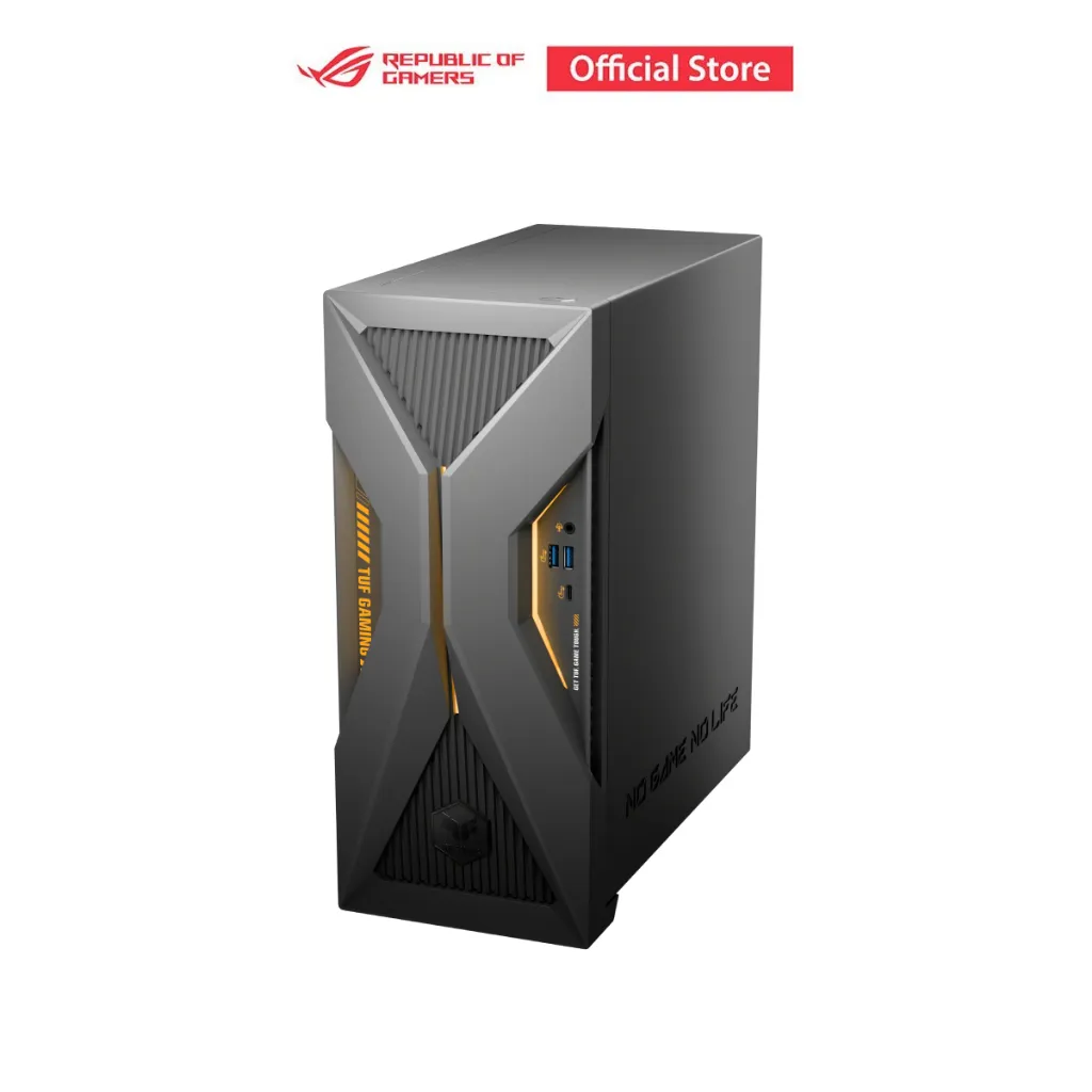 คอมพิวเตอร์ตั้งโต๊ะ ASUS TUF T500 ถ่ายใกล้ แสดงพอร์ต USB และแจ็คหูฟังด้านหน้าเครื่อง