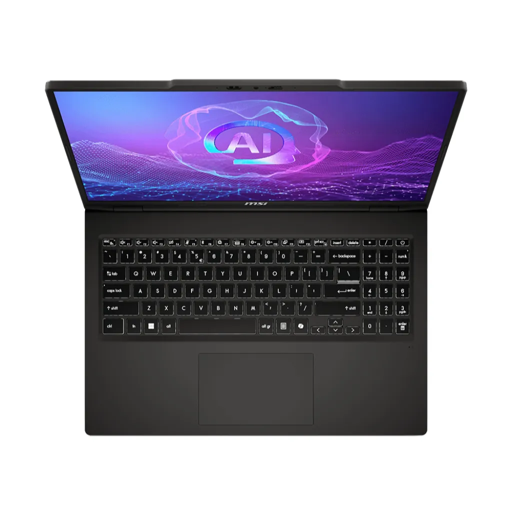 คีย์บอร์ดของ MSI Venture A16 AI+ มุมมองจากด้านบนพร้อมจอเปิด