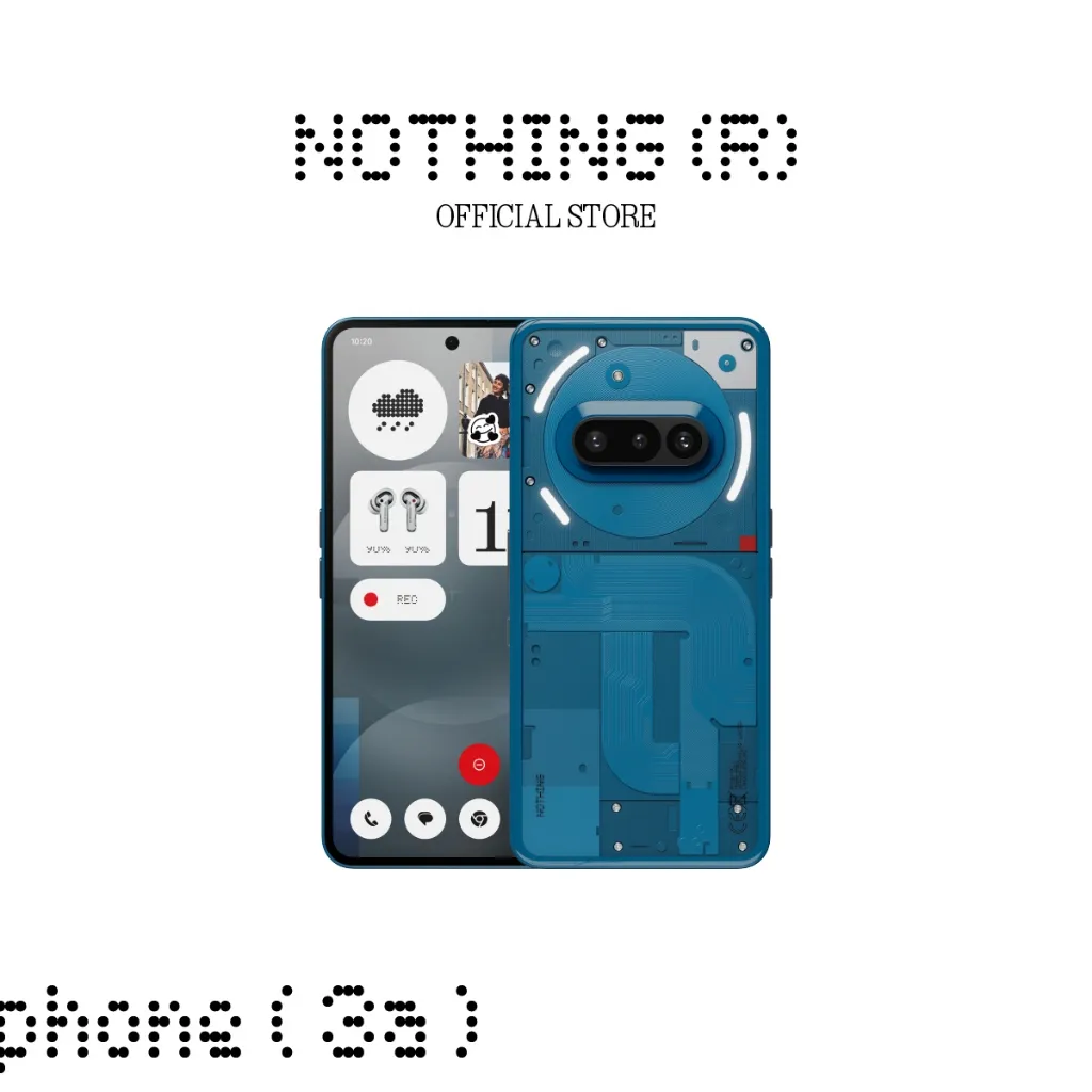 สมาร์ทโฟน nothing phone 3a สีฟ้า แสดงหน้าจอพร้อมฝาหลังโปร่งใส