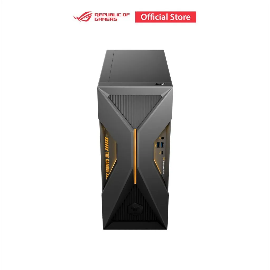 คอมพิวเตอร์ตั้งโต๊ะ ASUS TUF T500 มุมตรงด้านหน้า เห็นดีไซน์ไฟกลาง X ชัดเจน