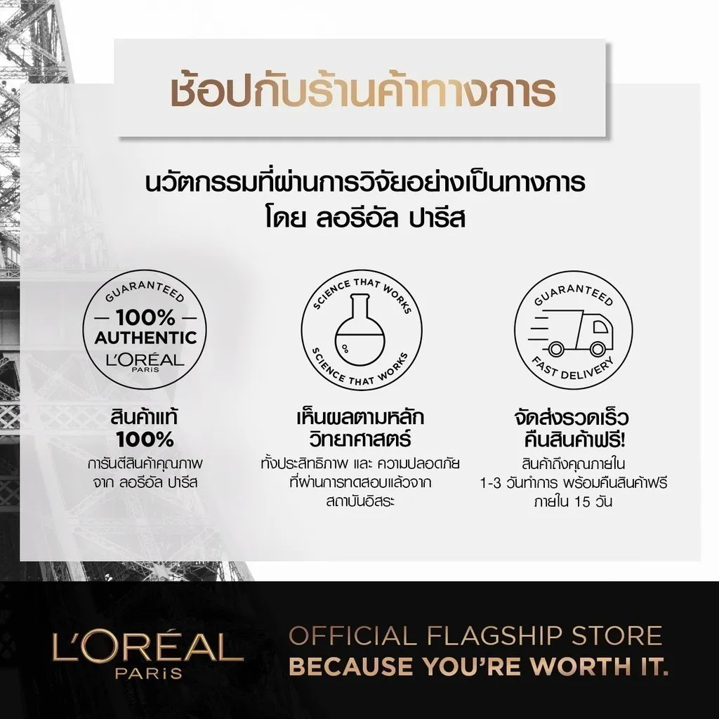 อินโฟกราฟิกร้านค้าทางการ แสดงสินค้าแท้ การทดสอบทางวิทยาศาสตร์ และบริการจัดส่งรวดเร็ว