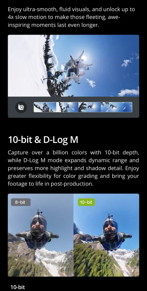 ภาพนักสโนว์บอร์ดกลางอากาศพร้อมอินโฟกราฟิกเปรียบเทียบสี 8-bit กับ 10-bit และโหมด D-Log M