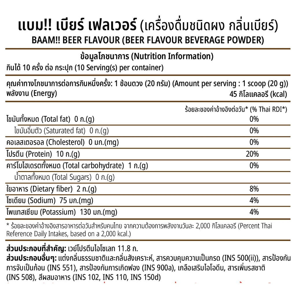 ข้อมูลสารอาหารต่อหนึ่งหน่วยบริโภคของผลิตภัณฑ์ผงชงดื่มสำหรับผู้ออกกำลังกาย