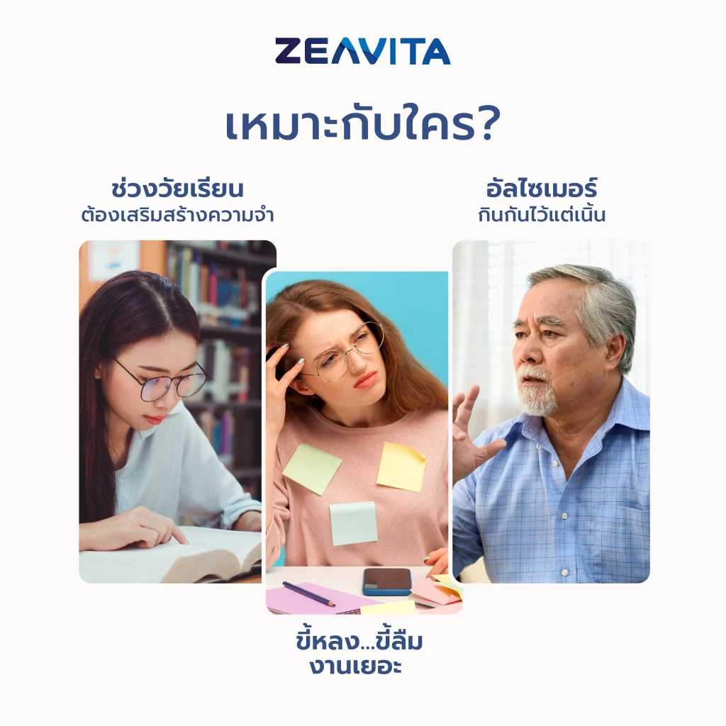 กรอบรูปสามช่อง คนวัยเรียน คนทำงาน และผู้สูงอายุ พร้อมข้อความว่าเหมาะกับใคร