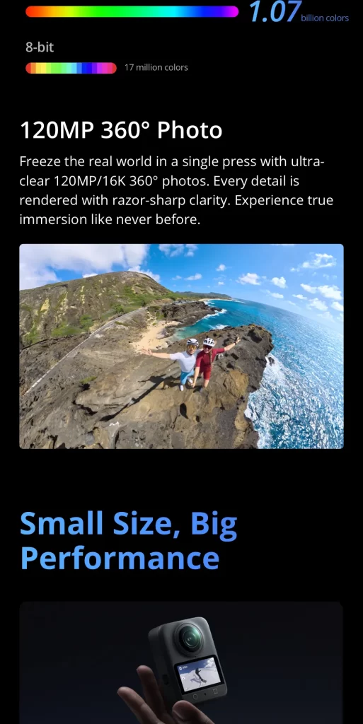 กล้อง 360 องศา dji osmo 360 ขนาดกะทัดรัด ถ่ายภาพ 120MP 16K บนหน้าผาริมทะเล