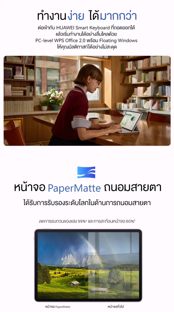 ผู้ใช้ทำงานบนแท็บเล็ตกับคีย์บอร์ดสมาร์ท และหน้าต่างลอย จอ PaperMatte ถนอมสายตา