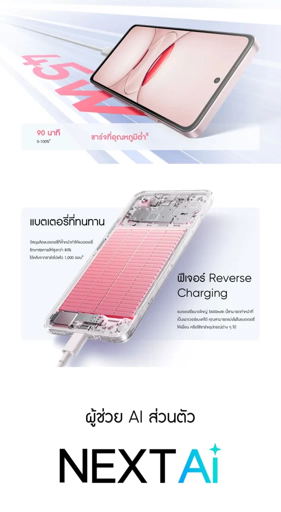 โทรศัพท์แบตเตอรี่ 5600mAh รองรับชาร์จเร็ว 45W พร้อมฟีเจอร์ Reverse Charging