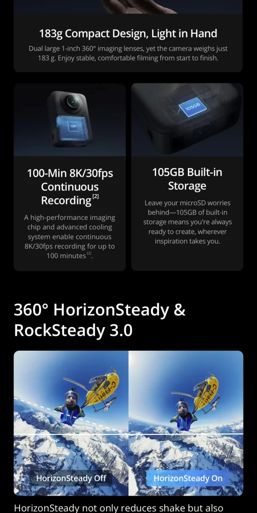 กล้อง 360 องศา dji osmo 360 น้ำหนักเบา 183 กรัม พร้อมกันสั่น HorizonSteady และบันทึก 8K ต่อเนื่อง