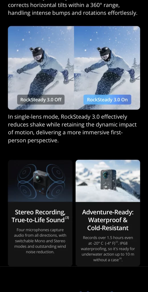 กล้อง 360 องศา dji osmo 360 แสดง RockSteady 3.0 พร้อมเสียงรอบทิศและใช้งานท่ามกลางหิมะ