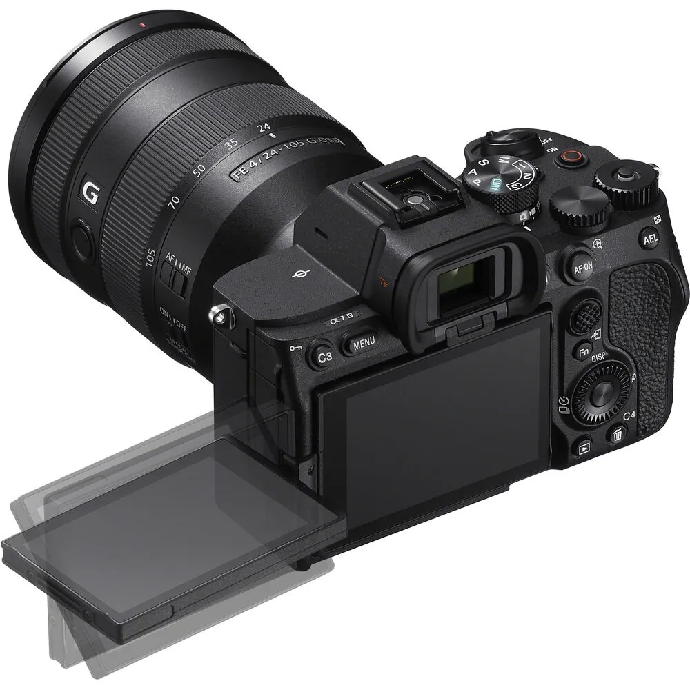 หน้าจอพับกางถ่ายตนเองของ กล้อง Sony a7 IV พร้อมเลนส์ซูม 24–105 มม.