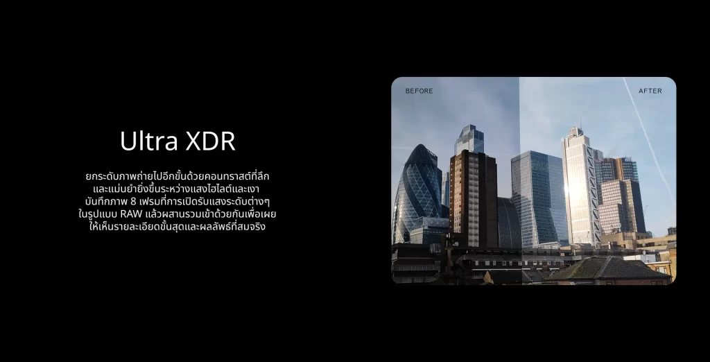 ตัวอย่างภาพเมืองเปรียบเทียบก่อนและหลังใช้ฟีเจอร์ Ultra XDR