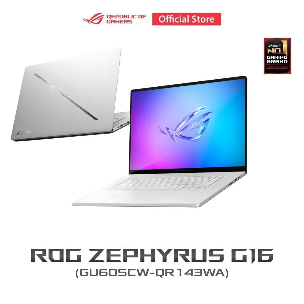 ASUS ROG Zephyrus G16 สีขาว มุมรวมเปิดหน้าจอคู่กับฝาหลัง