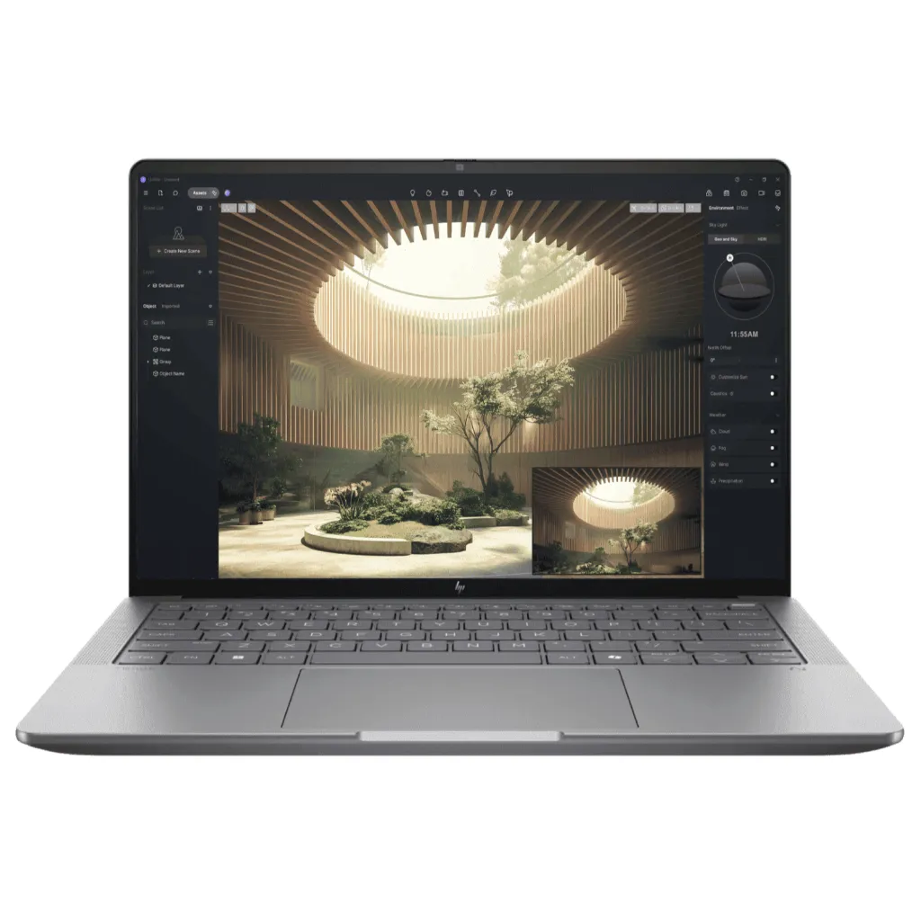 โน้ตบุ๊ก HP ZBook Ultra 14 OLED เปิดฝาโชว์งานเรนเดอร์ สัดส่วน 16:10 คีย์บอร์ดเต็ม ดีไซน์เรียบหรู