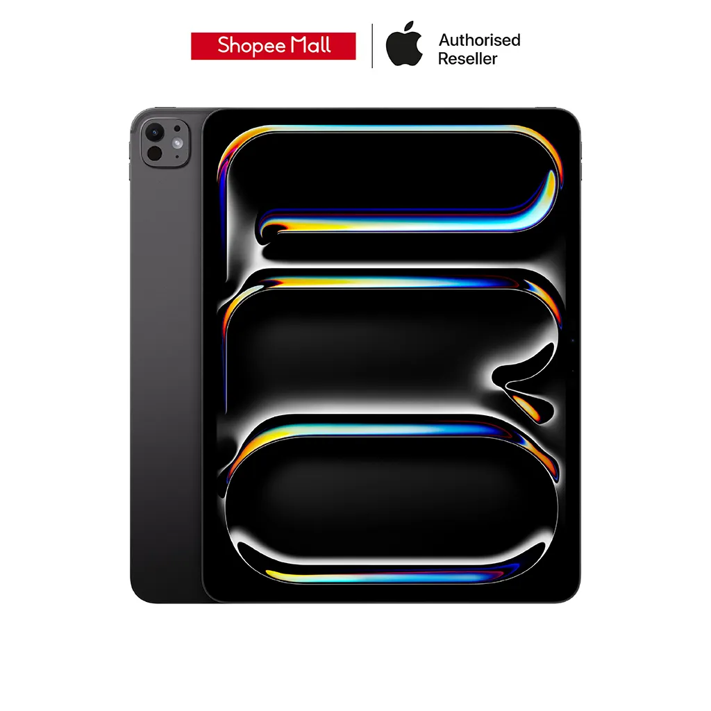 iPad Pro 13 M4 WiFi Cellular สีเทาดำ วางซ้อนกัน โชว์ด้านหน้าและด้านหลัง พร้อมตราตัวแทนจำหน่ายด้านบน
