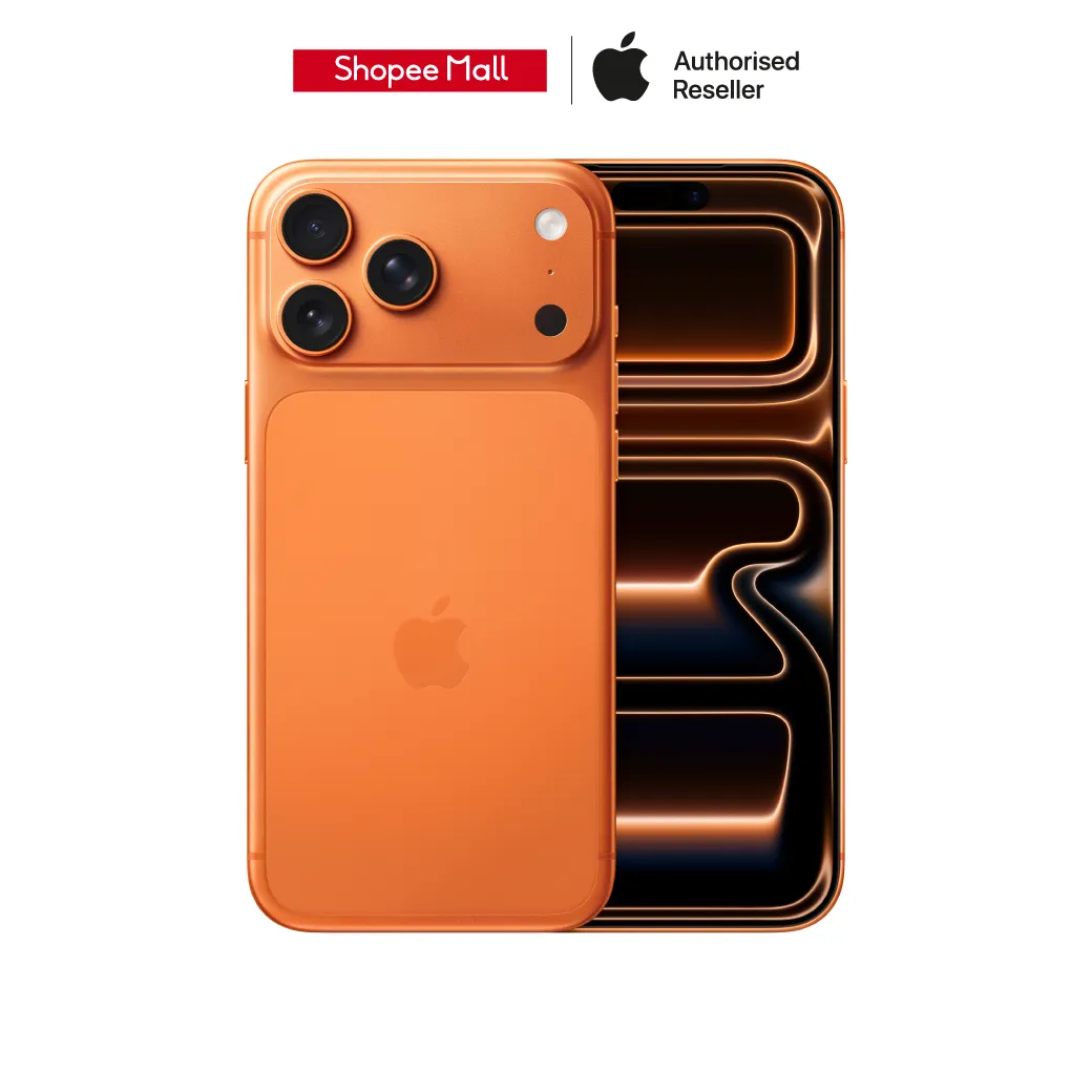 iPhone 17 Pro Max สีส้ม โชว์ด้านหน้าและด้านหลัง พร้อมสัญลักษณ์ตัวแทนจำหน่าย
