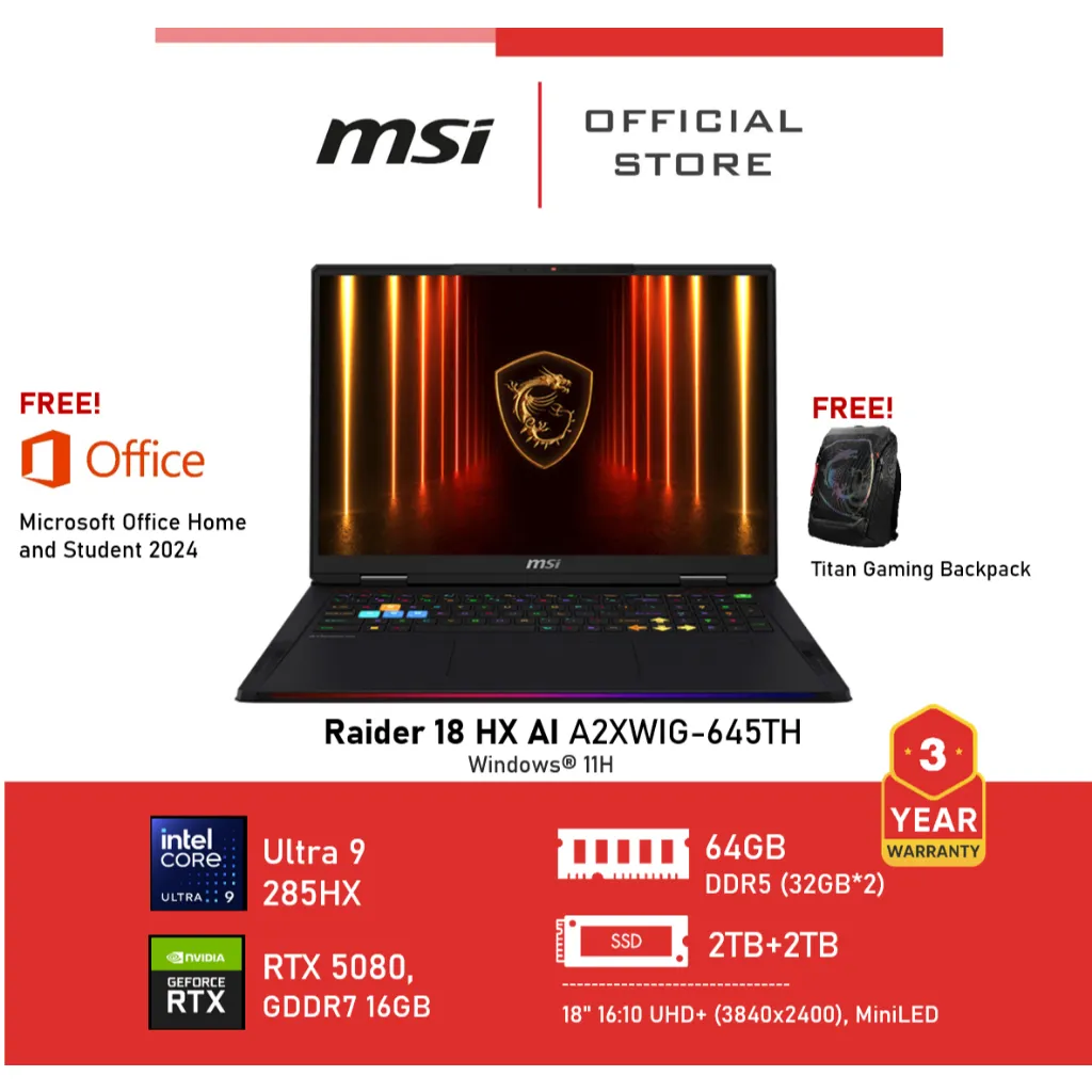 MSI Raider 18 HX AI โปรโมชัน ฟรี Office 2024 และกระเป๋า ประกัน 3 ปี จอ 18 นิ้ว Mini LED