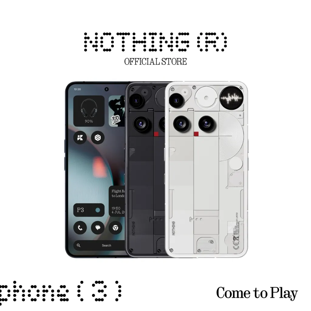 Nothing Phone 3 จากร้านทางการ โชว์ด้านหน้าและด้านหลัง สีดำและขาว ฝาหลังโปร่งใสพร้อมไฟ Glyph