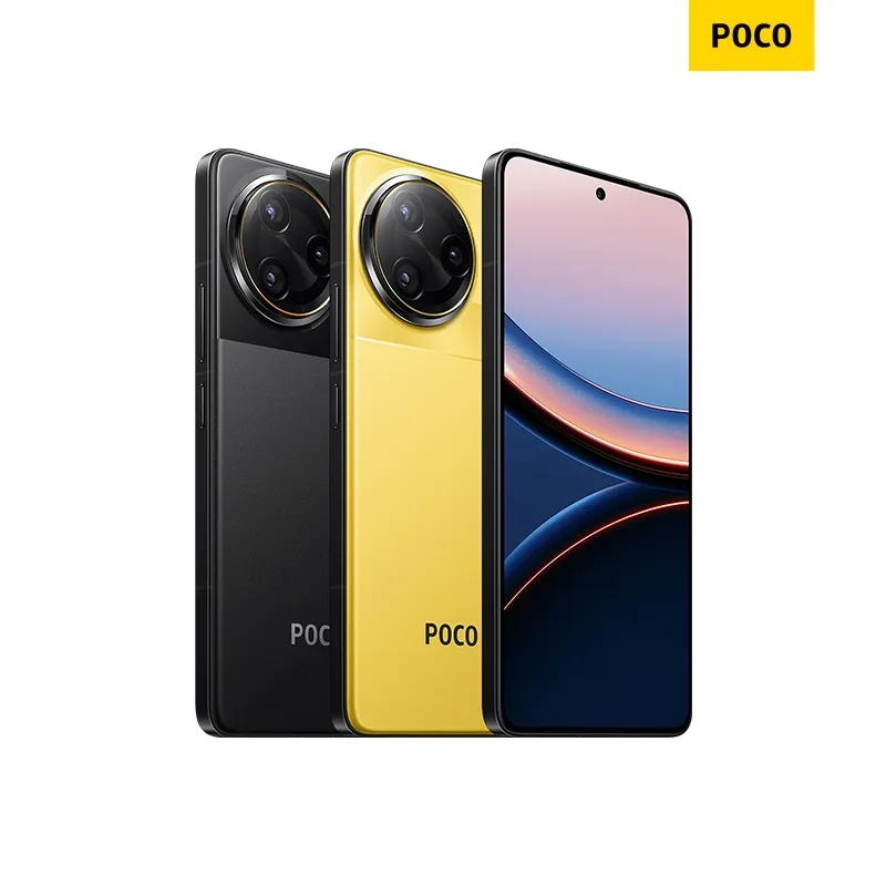 สามตัวเครื่อง POCO F7 Ultra สีดำและเหลือง โชว์จอเจาะรูและโมดูลกลมด้านหลัง