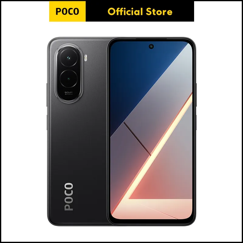 POCO M7 8GB 256GB สีดำ โชว์ด้านหน้าแบบเจาะรูและกล้องคู่แนวตั้งด้านหลัง