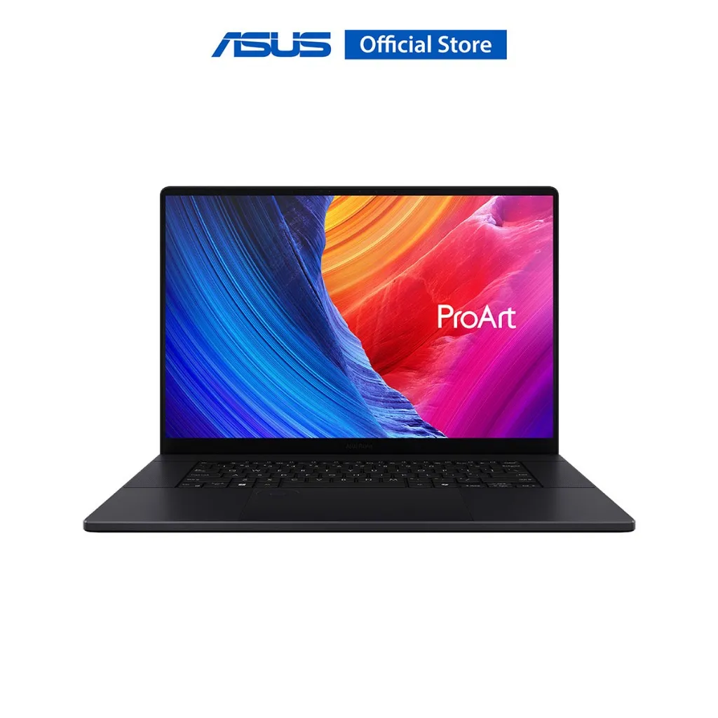 มุมตรงด้านหน้า ASUS ProArt P16 H7606WX หน้าจอเปิดสีสด เหมาะวางเป็นภาพหลักของสินค้า