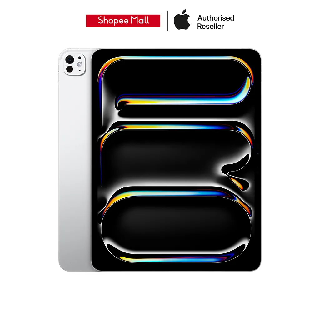 iPad Pro 13 M4 WiFi Cellular สีเงิน โชว์ด้านหน้าและด้านหลัง พื้นหลังขาว มีโลโก้ Shopee Mall และ Authorised Reseller