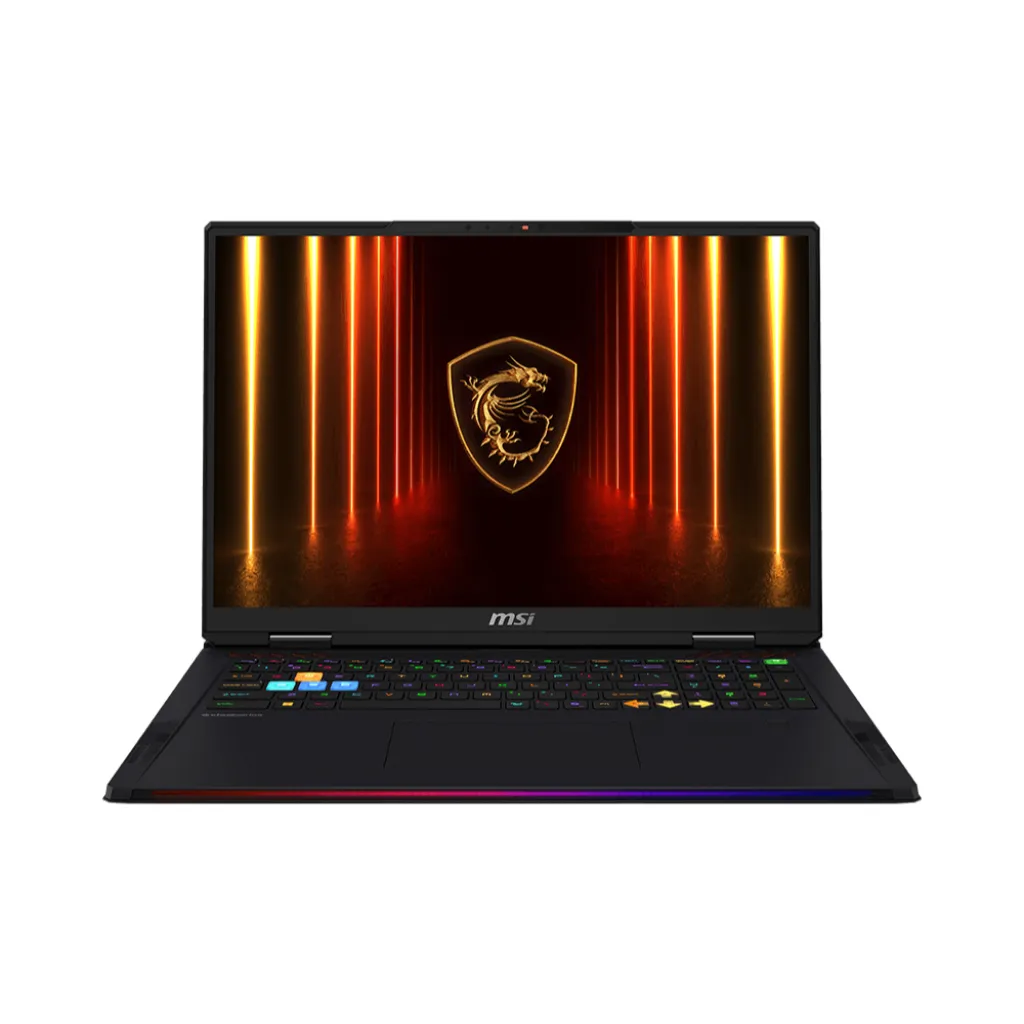 MSI Raider 18 HX AI มุมตรง เปิดเครื่อง หน้าจอ 18 นิ้ว 16:10 ขอบบาง โลโก้มังกรสีทอง