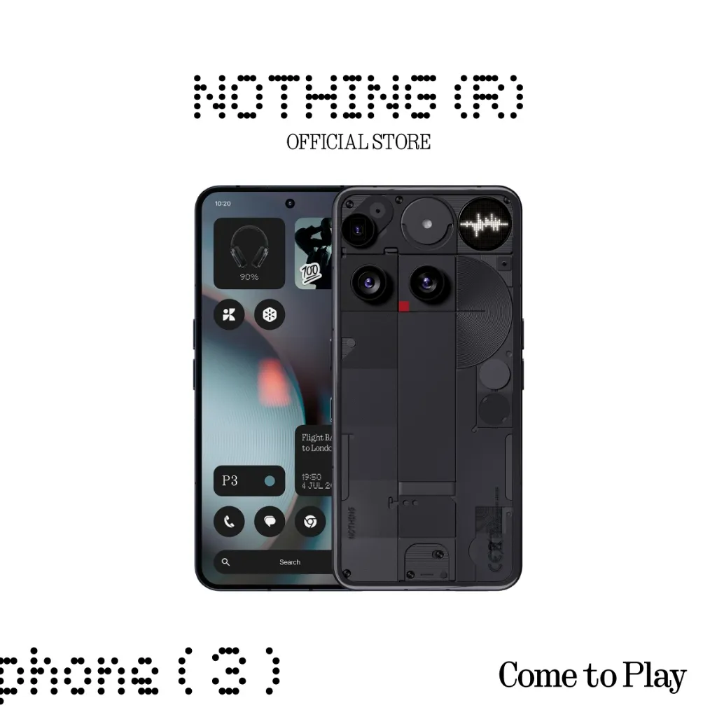 Nothing Phone 3 สีดำ แสดงด้านหน้าและด้านหลัง ฝาหลังโปร่งใส ไฟ Glyph และกล้องสามเลนส์