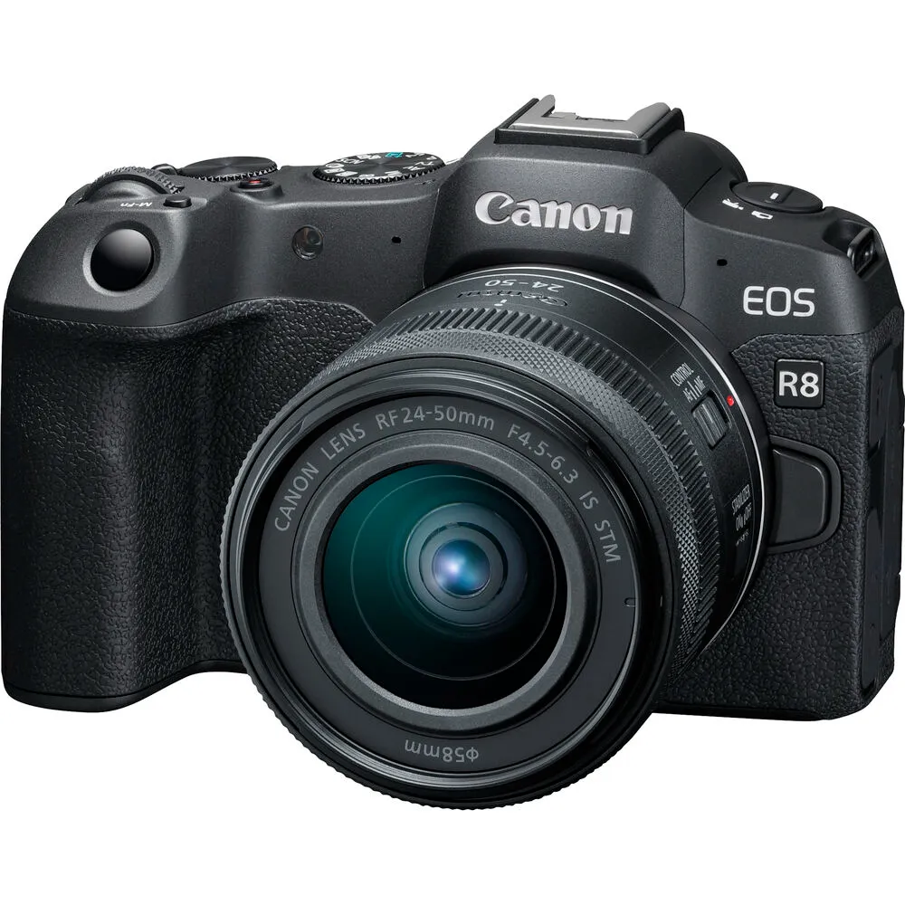 กล้อง Canon EOS R8 ติดเลนส์ RF 24-50mm มุมหน้าตรง พร้อมสวิตช์เปิดปิด