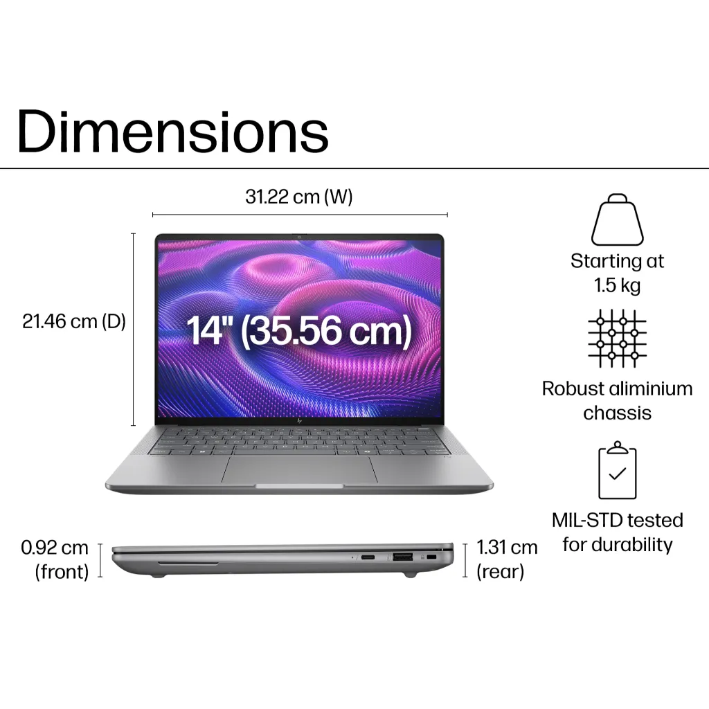 สรุปขนาดและน้ำหนักของ HP ZBook Ultra 14 OLED กว้าง 31.22 ซม. ลึก 21.46 ซม. บาง 0.92–1.31 ซม. เริ่มที่ 1.5 กก.