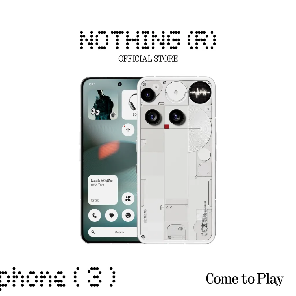 Nothing Phone 3 สีขาว โชว์ด้านหน้าและด้านหลัง ฝาหลังโปร่งใส ไฟ Glyph และกล้องสามเลนส์