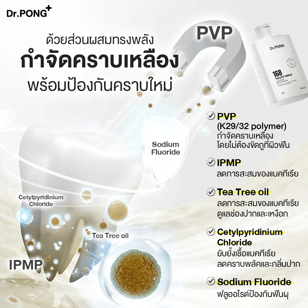 กราฟิกอธิบาย PVP ดักคราบเหลือง พร้อมโซเดียมฟลูออไรด์ช่วยป้องกันฟันผุ