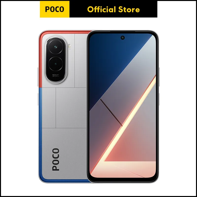 POCO M7 8GB 256GB สีเงิน กรอบแดงน้ำเงิน หน้าจอเต็มและชุดกล้องคู่ด้านหลัง