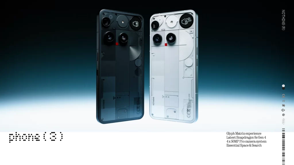 Nothing Phone 3 สีดำและสีขาว หันด้านหลังโชว์ฝาหลังโปร่งใสและไฟ Glyph พร้อมข้อความฟีเจอร์