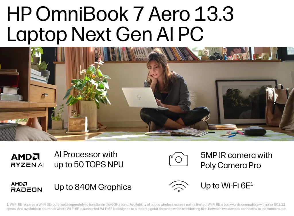 HP OmniBook 7 Aero 13.3 แสดงจุดเด่น NPU 50 TOPS กล้อง IR 5MP กราฟิก 840M และ Wi-Fi 6E