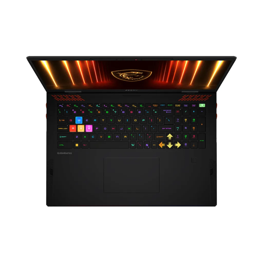 คีย์บอร์ดไฟ RGB มองจากด้านบน ปุ่มลูกศรขนาดใหญ่ และทัชแพดกว้าง