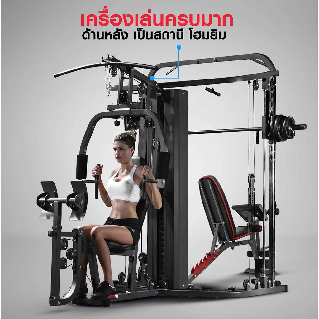 ผู้หญิงฝึกท่าดันหน้าและเพคเดคบนโฮมยิม ม้านั่งรองรับเต็มตัว มุมใกล้ส่วนหน้า