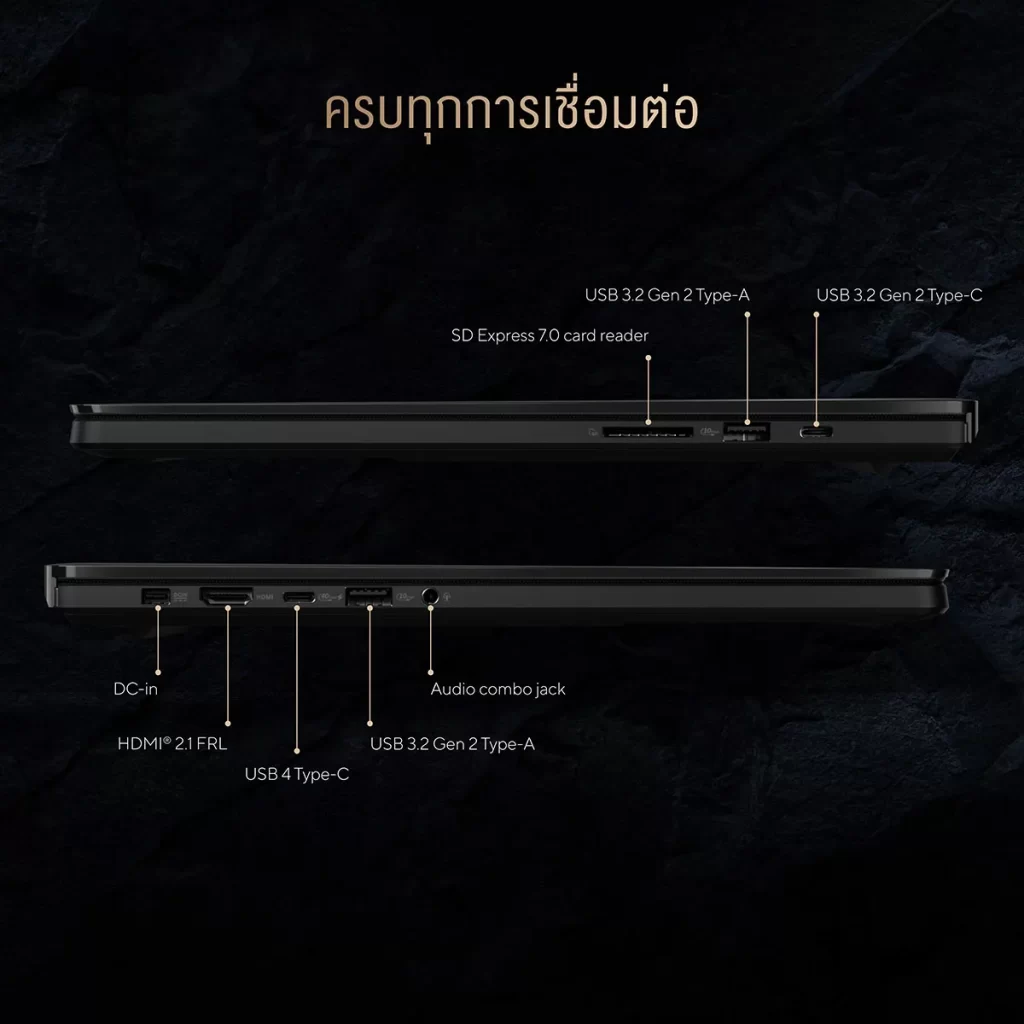 แสดงพอร์ต ASUS ProArt P16 H7606WX ครบทั้ง USB4, HDMI 2.1, SD Express 7.0 และออดิโอคอมโบ