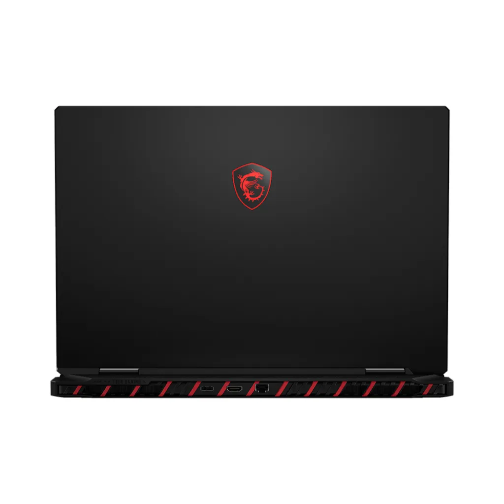 MSI Raider 18 HX AI ฝาหลังสีดำ โลโก้แดง พร้อมพอร์ตเชื่อมต่อด้านหลังครบ