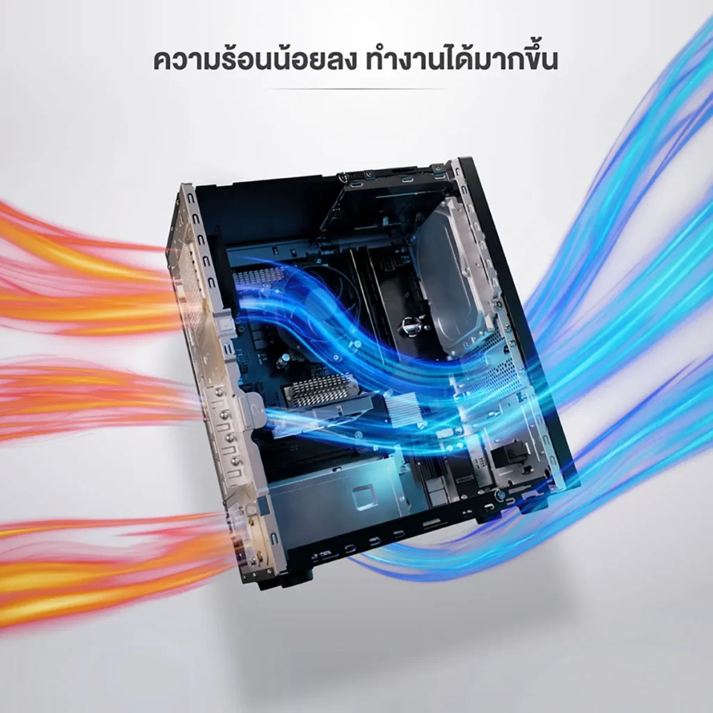 แผนผังการไหลเวียนอากาศภายในเคส ลมเย็นเข้าออกหลายทางช่วยลดความร้อน